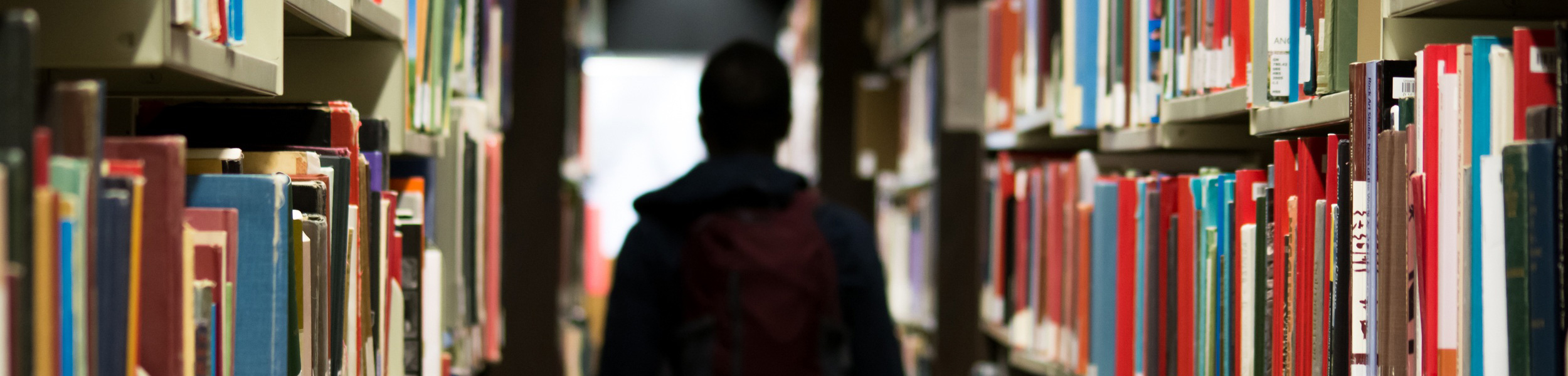 Eine Bücherei oder Bücherregale mit einer verdunkelten Person zwischen den Regalen